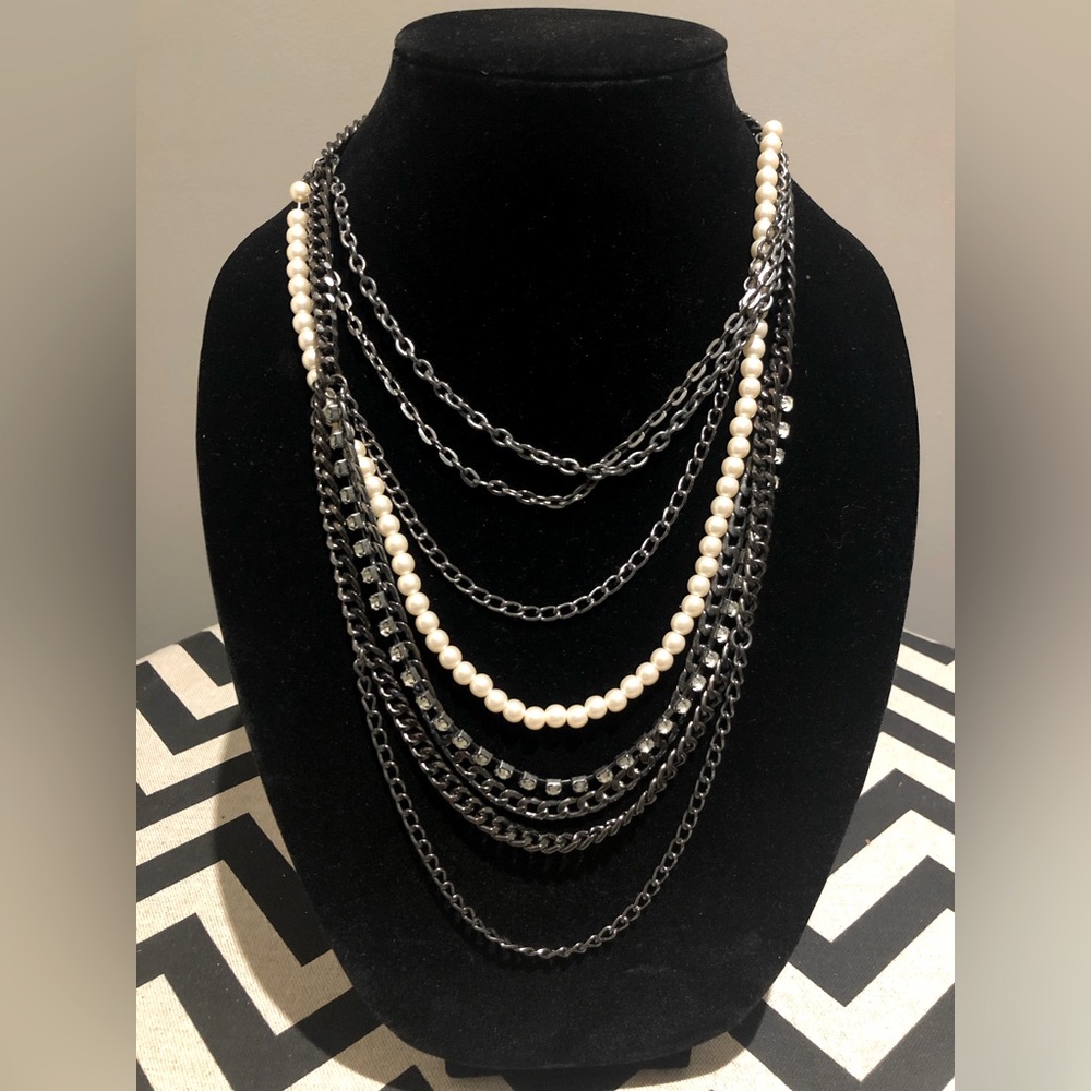 Layered chain, bead and crystal necklace